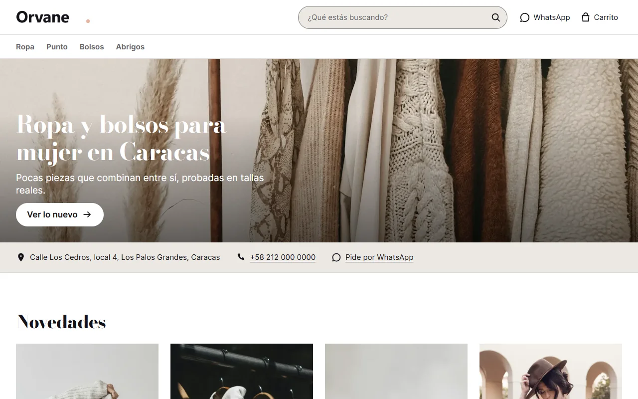 Portada de la demo Orvane, de la plantilla Catálogo visual: tienda de moda con fotos grandes y novedades