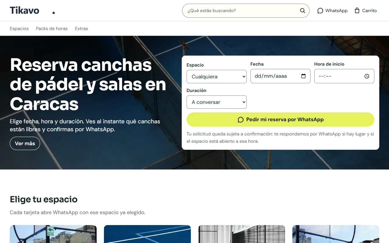 Portada de la demo Tikavo, de la plantilla Espacios y Reservas: canchas con fecha, hora y duración
