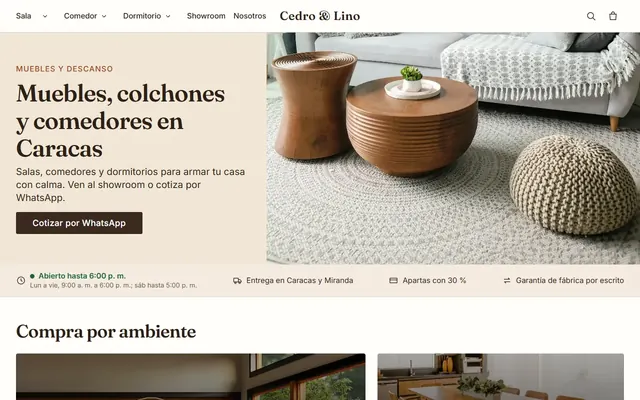 Inicio de una tienda de muebles: colchón y sillón de mimbre con botón para cotizar por WhatsApp