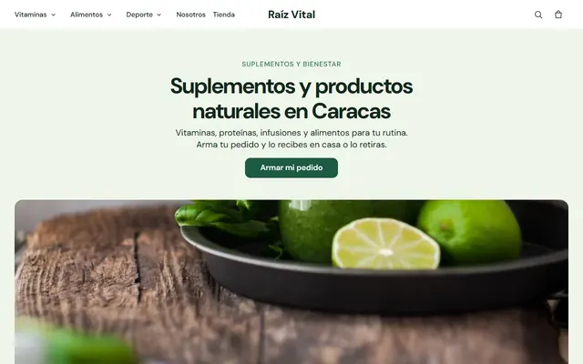 Inicio de una tienda de suplementos naturales con limones y un botón para armar el pedido
