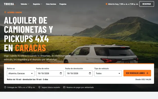 Inicio de un alquiler de camionetas con formulario de fechas de retiro y devolución