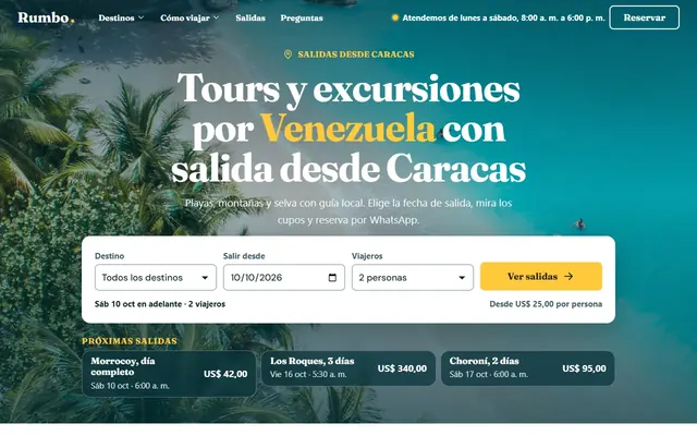 Inicio de una operadora de excursiones desde Caracas con las próximas salidas y sus cupos