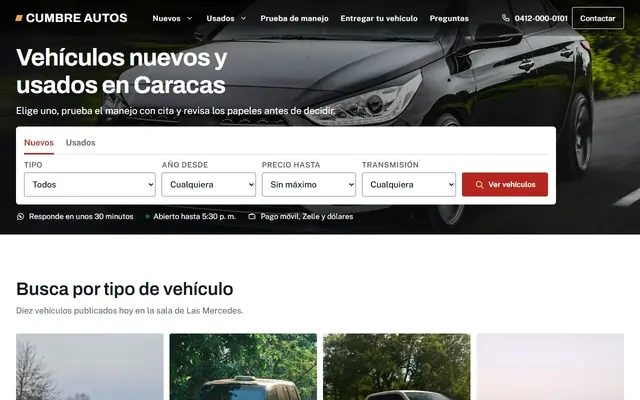 Inicio de un concesionario con un carro oscuro y buscador por tipo, precio y transmisión
