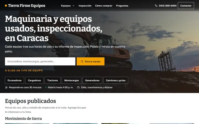Inicio de una tienda de maquinaria usada con buscador y tipos de equipo
