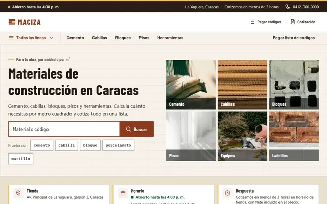 Inicio de un mayorista de materiales de construcción con buscador por código y fotos de cemento, cabillas y bloques