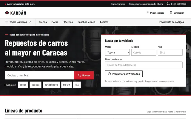 Inicio de un mayorista de repuestos de carros con búsqueda por marca, modelo y año