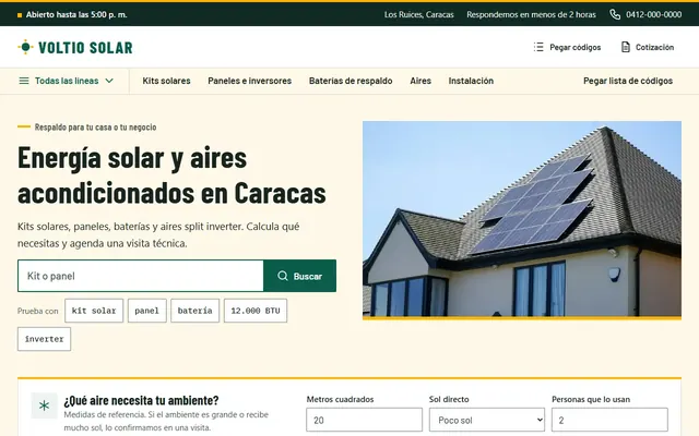 Inicio de un mayorista de energía solar con una casa con paneles y buscador de kits
