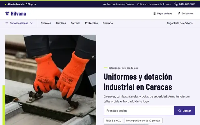 Inicio de un mayorista de uniformes y dotación industrial con guantes de trabajo naranja