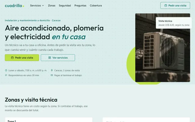 Inicio de un servicio técnico a domicilio con un aire acondicionado y botón para pedir una visita