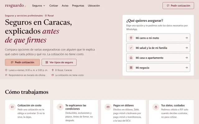 Inicio de una correduría de seguros con opciones para elegir qué asegurar