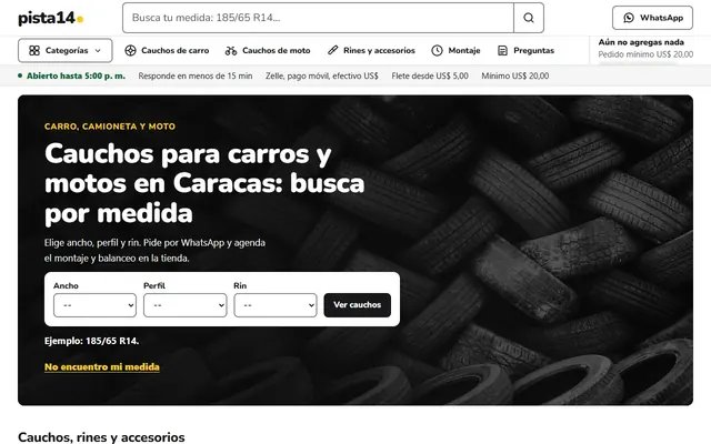 Inicio de una tienda de cauchos con buscador por medida de caucho