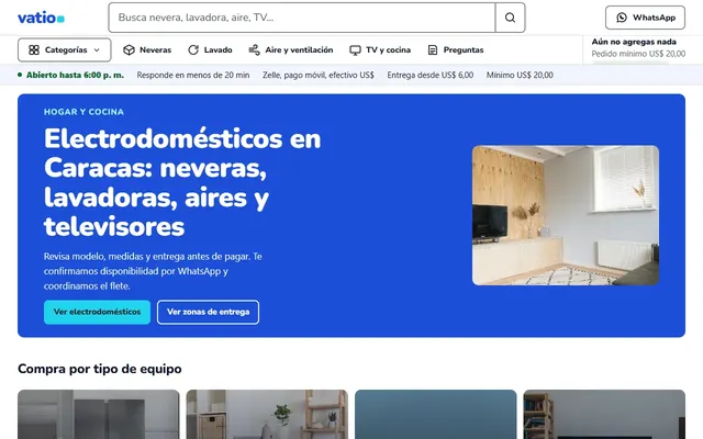 Inicio de una tienda de electrodomésticos con neveras, lavadoras y televisores