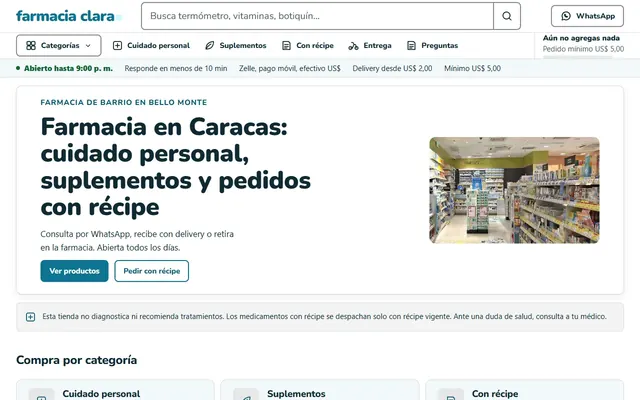 Inicio de una farmacia de barrio con cuidado personal y pedidos por WhatsApp