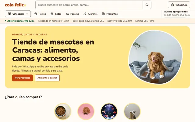 Inicio de una tienda de mascotas con un perro sobre una cama y secciones de alimento y accesorios