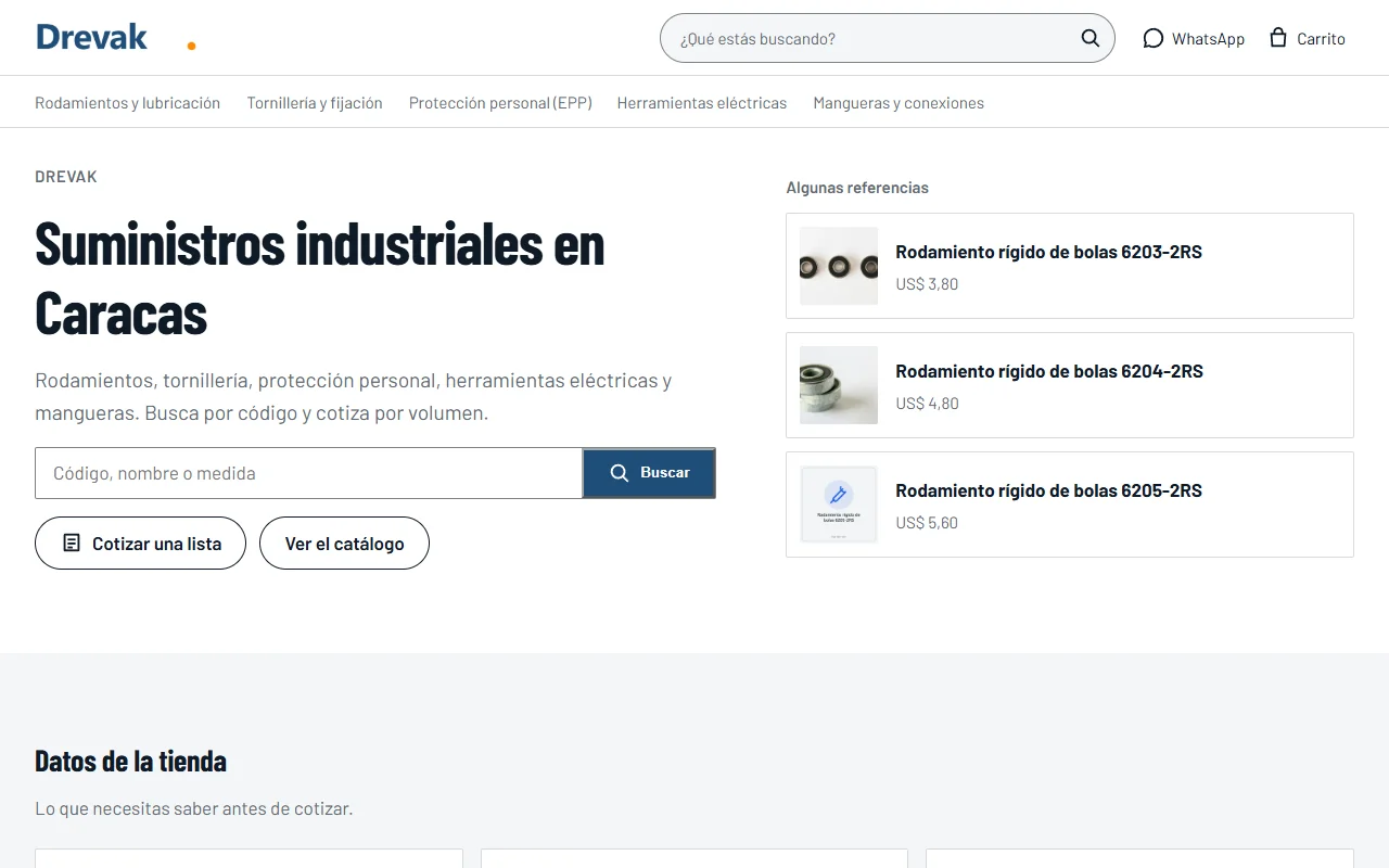Portada de la demo Drevak, de la plantilla Mayorista: buscador por código y precios por volumen