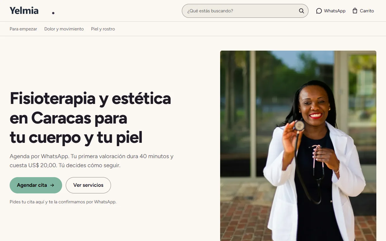 Portada de la demo Yelmia, de la plantilla Servicios: fisioterapia y estética con botón para agendar cita