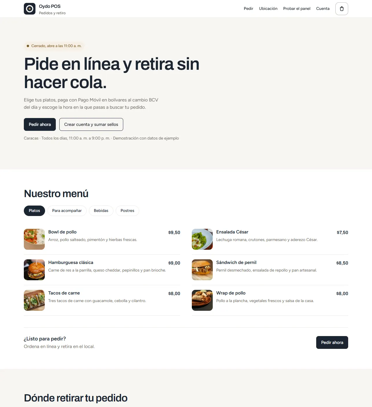 Primera pantalla de la demo de Restaurantes y comida: menú con carrito y retiro